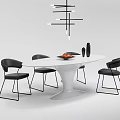 Modern White Oval Dining Table Set With Black Chairs And Pendant Light 3d model