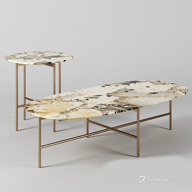 Elegant Modern Marble Coffee Table Set With Oval Top And Brass Metal Frame 3d model 