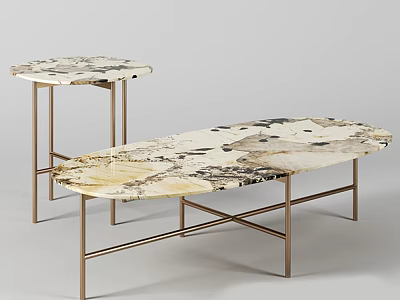 Elegant Modern Marble Coffee Table Set With Oval Top And Brass Metal Frame 3d model