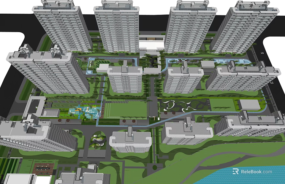 Modern Residential Complex Layout With High Rise Buildings Green Spaces And Water Features 3d model 
