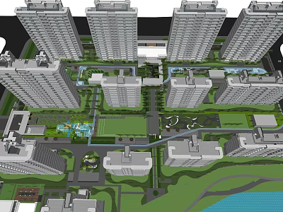 Modern Residential Complex Layout With High Rise Buildings Green Spaces And Water Features 3d model