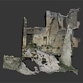Cartoon Scene of Ruined Castle with Broken Walls Windows Green Plants and Moss
