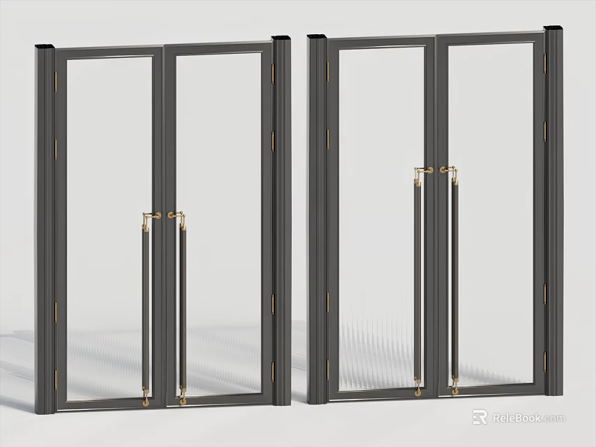 Modern Double Doors With Glass Panels Black Frame And Gold Handles Sleek Design 3d model 
