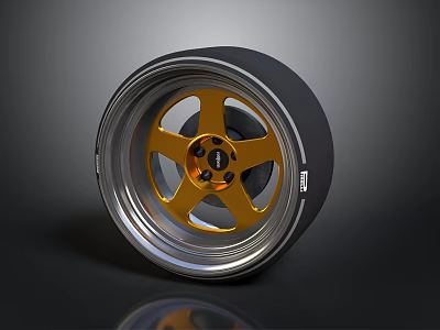 Car Wheel With Enkei Golden Rim Black Tire And Five Spoke Design 3d model
