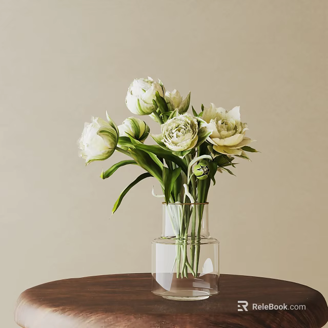 White Flower Potted Plant In Clear Glass Vase On Brown Table With Beige Wall 3d model 