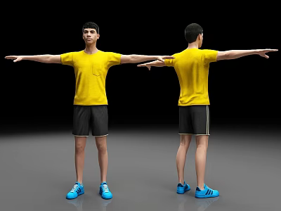Man In Yellow T Shirt And Black Shorts With Arms Outstretched Front Back View 3d model