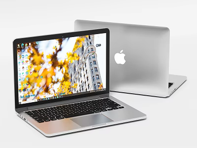 Silver Apple Laptop Open And Closed Featuring Screen With Autumn Leaves Building And Desktop Icons 3d model