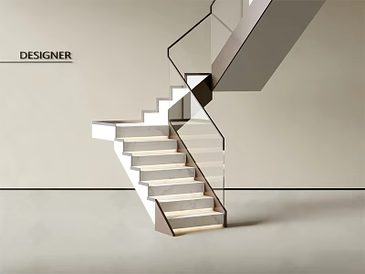 Sleek Designer Staircase With Modern Glass Railing And Light Colored Steps 3d model
