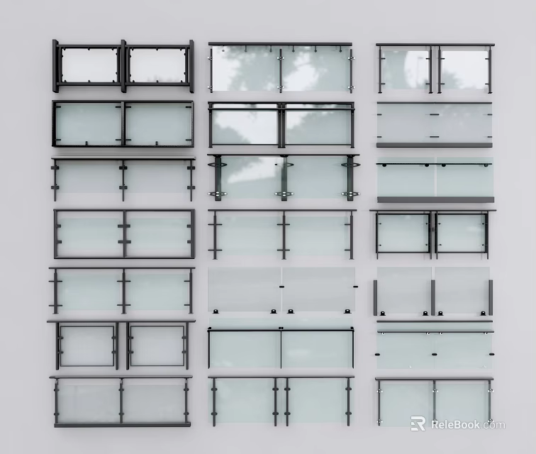 Modern Glass Railing with Metal Frames and Transparent Panel Design Variations 3d model