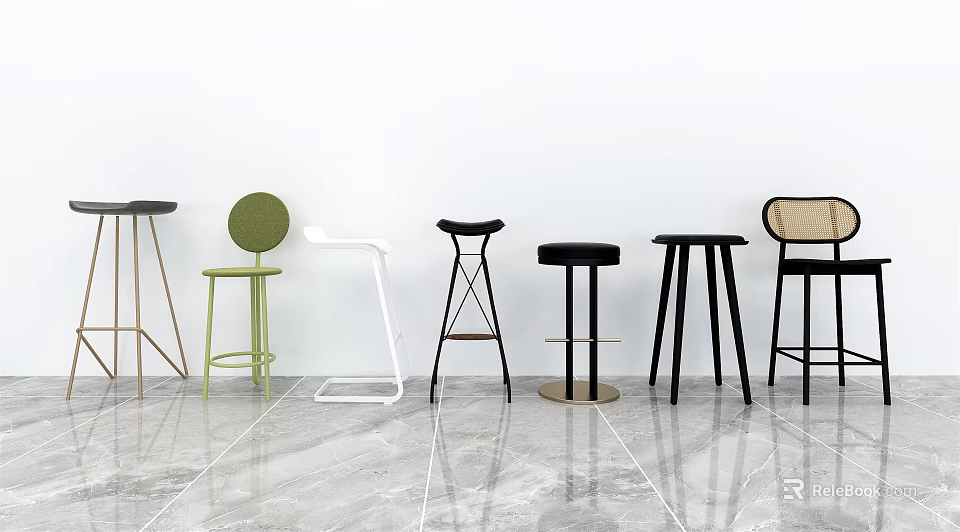 Modern Bar Stools With Green White Black Colors And Diverse Design Elements 3d model