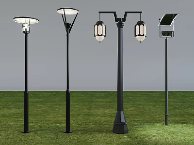 Different Styles Outdoor Lights with Black Metal Pole Solar and Traditional Lantern Design for Garden 3d model