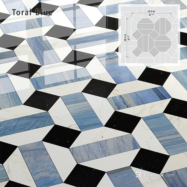 Geometric Pattern Tiles With Blue Black White Colors And Modern Marble Texture 3d model 