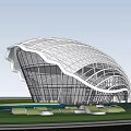 Modern Sales Office Building with Unique Curved Shape and Water Feature in Green Landscape