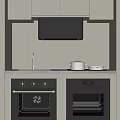 Modern Kitchen Interior With Built-in Ovens Range Hood Gray Cabinets Countertop And Pots