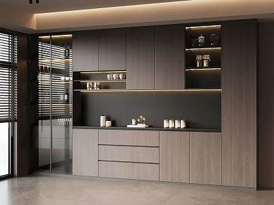 Modern Wine Cabinet With Wooden Frame Glass Doors And Built-in Lighting Display Shelves 3d model