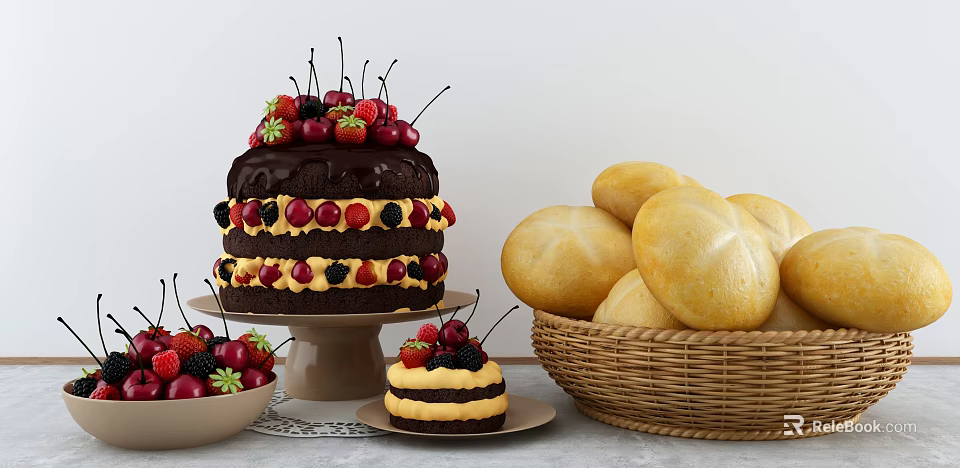 Delicious Chocolate Cake with Strawberries Cherries Small Cake and Bread in Basket 3d model 