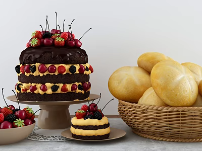 Delicious Chocolate Cake with Strawberries Cherries Small Cake and Bread in Basket 3d model
