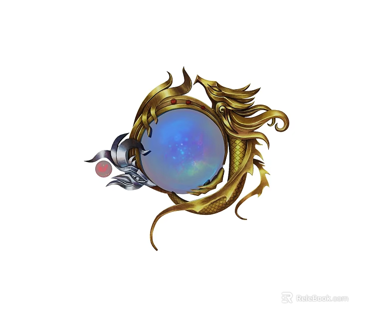 Golden Dragon Wrapped Weapon Around Blue Orb With Silver Components And Red Accents 3d model 
