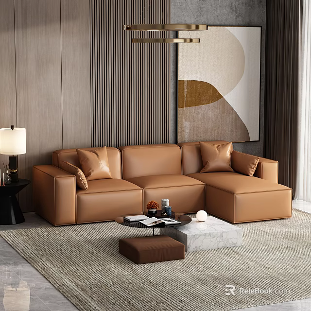 Modern Brown Leather Sectional Sofa With Accent Pillows And Coffee Table 3d model