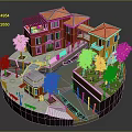 Colorful Red And Yellow Buildings In Miniature Scene With Tile Roofs Trees Pathways And Benches