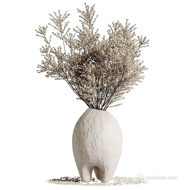 White oval textured ceramic vase with dried beige small flowers on thin branches 3d model 