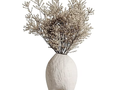 White oval textured ceramic vase with dried beige small flowers on thin branches 3d model