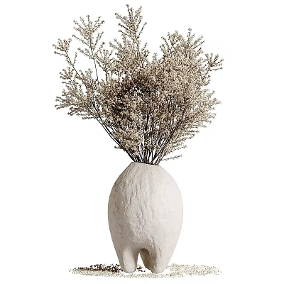 White oval textured ceramic vase with dried beige small flowers on thin branches 3d model