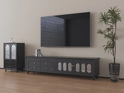 Modern Dark Gray TV Stand With Drawers Doors Wall Mounted TV And Potted Plant 3d model