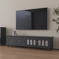 Modern Dark Gray TV Stand With Drawers Doors Wall Mounted TV And Potted Plant