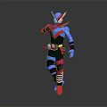 Armored Character With Insect Features In Red Blue Black Armor And Striped Details Standing Pose