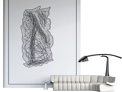 Black Adjustable Floor Lamp in Modern Living Room with White Sofa and Abstract Line Art 3d model
