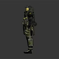 Armored Humanoid Creature in Tactical Suit With Helmet and Protective Gear Standing Pose