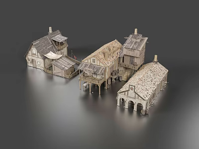 Vintage Wooden Guesthouse Buildings with Various Roof Styles Pitched And Flat Balconies And Supportive Pillars 3d model