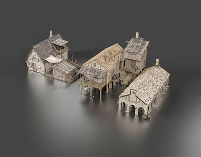 Vintage Wooden Guesthouse Buildings with Various Roof Styles Pitched And Flat Balconies And Supportive Pillars 3d model