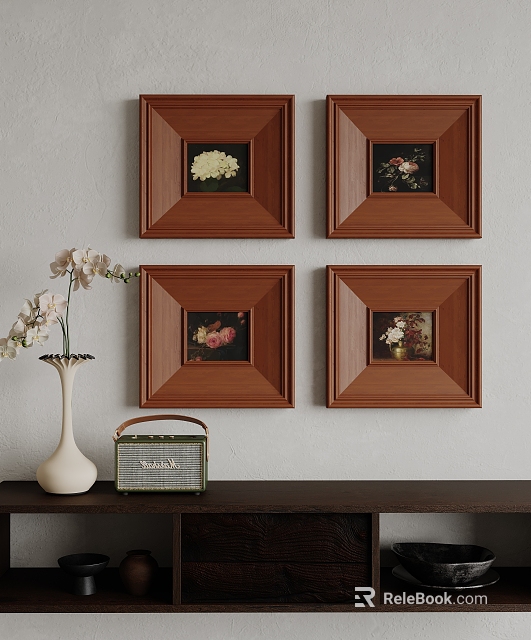 Four Wooden Framed Abstract Paintings With White Vase Vintage Radio On Dark Table Gray Wall 3d model 