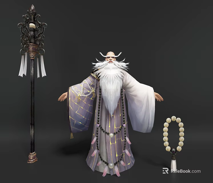 Mythical Elderly Figure With Long White Beard Horns Traditional Robe Staff And Beads 3d model 