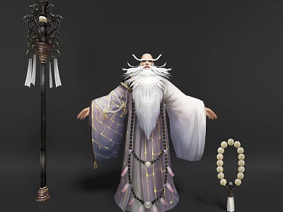 Mythical Elderly Figure With Long White Beard Horns Traditional Robe Staff And Beads 3d model