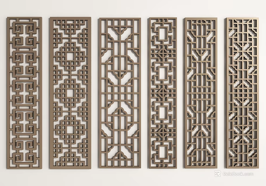 Chinese Carved Decorative Screens With Intricate Geometric Patterns Six Panel Designs 3d model