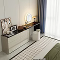 Modern Dressing Table With Round Mirror Drawers Chair And Decorative Artwork 3d model