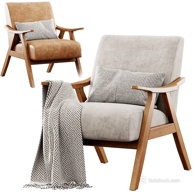 Gray Fabric Accent Chair With Wooden Armrests Patterned Pillow And Herringbone Blanket 3d model 
