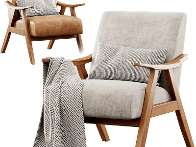 Gray Fabric Accent Chair With Wooden Armrests Patterned Pillow And Herringbone Blanket 3d model
