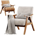 Gray Fabric Accent Chair With Wooden Armrests Patterned Pillow And Herringbone Blanket