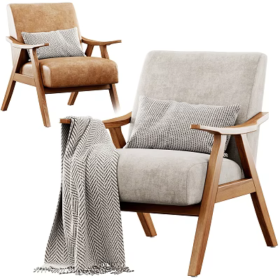 Gray Fabric Accent Chair With Wooden Armrests Patterned Pillow And Herringbone Blanket 3d model