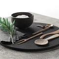 Modern Tableware Set With Black Stone Tray Bowl Utensils Napkin Rosemary