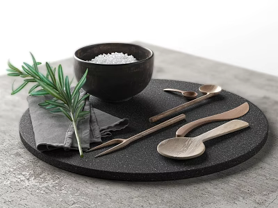 Modern Tableware Set With Black Stone Tray Bowl Utensils Napkin Rosemary 3d model