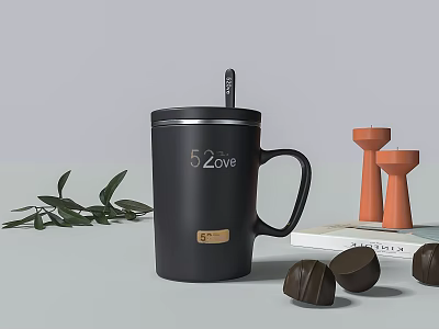 Stylish Tableware Set with Black Mug Spoon Orange Candle Holders Green Leaves and Chocolates 3d model