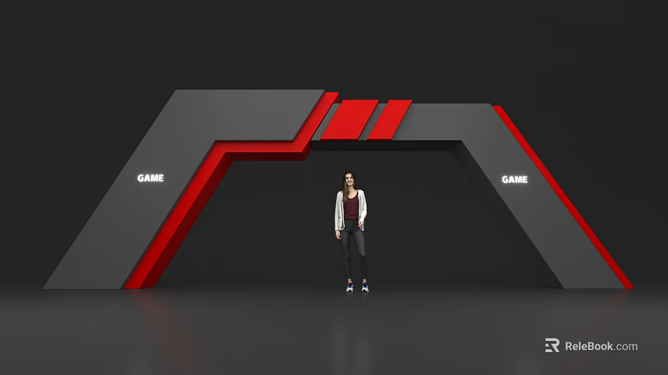 Gray And Red Game Themed Archway With Person Standing Under 3d model