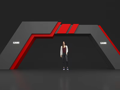 Gray And Red Game Themed Archway With Person Standing Under 3d model
