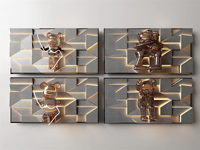 Modern Artistic Wall Decorations With Bear Figures And Geometric Pattern Background 3d model