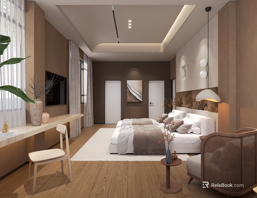 Modern Elegant Hotel Guest Room With Bed TV Window Plant Desk And Wooden Floor 3d model 